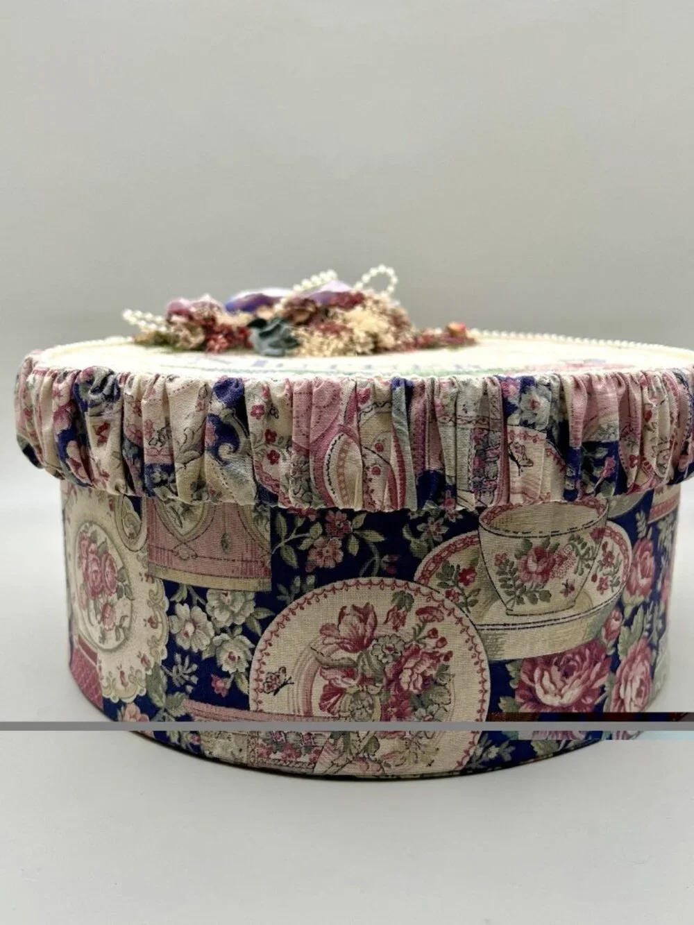 VTG Cross Stitch Mother Hat Sewing Box Round Keepsake Dried Flowers Victorian